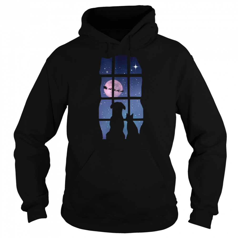 Holiday Cute Dog And Cat In Window Watching Santa Merry Christmas shirt Unisex Hoodie
