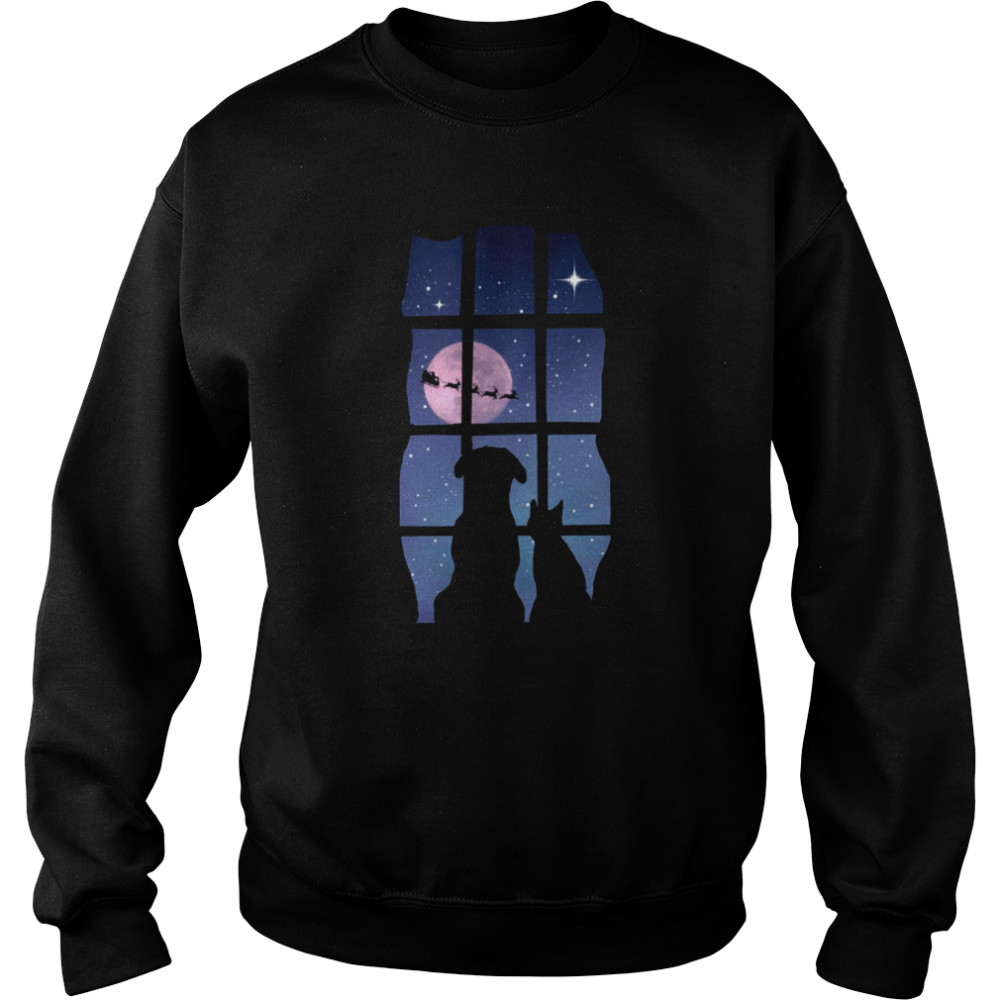 Holiday Cute Dog And Cat In Window Watching Santa Merry Christmas shirt Unisex Sweatshirt