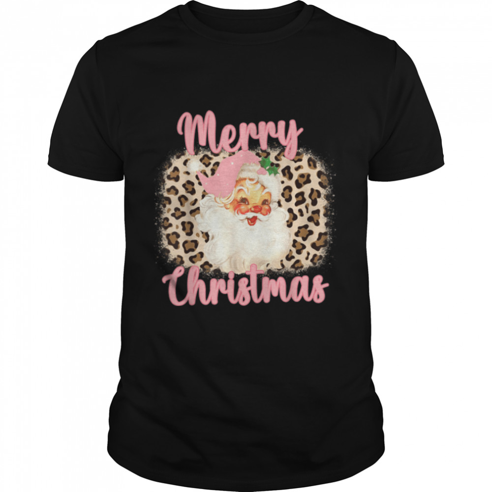 Pink Vintage Santa Claus Merry Christmas Leopard T-Shirt B0BFDWFY59