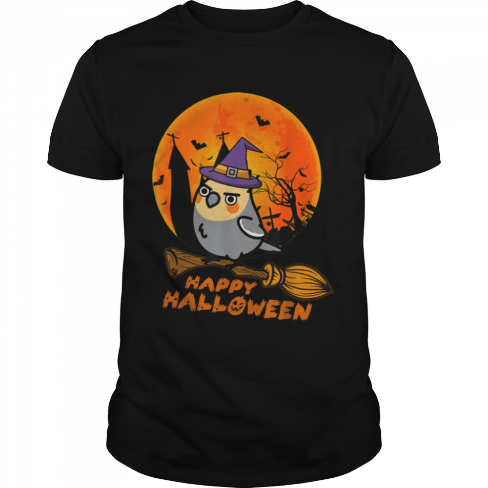 Funny Cockatiel Witch Broomstick Spooky Cute Bird Halloween T-Shirt B0BJ7BR6V1