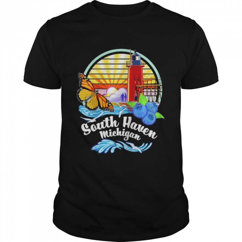 South Haven Mi Lighthouse Monarch Butterfly Beach Design Raglan Baseball Shirt