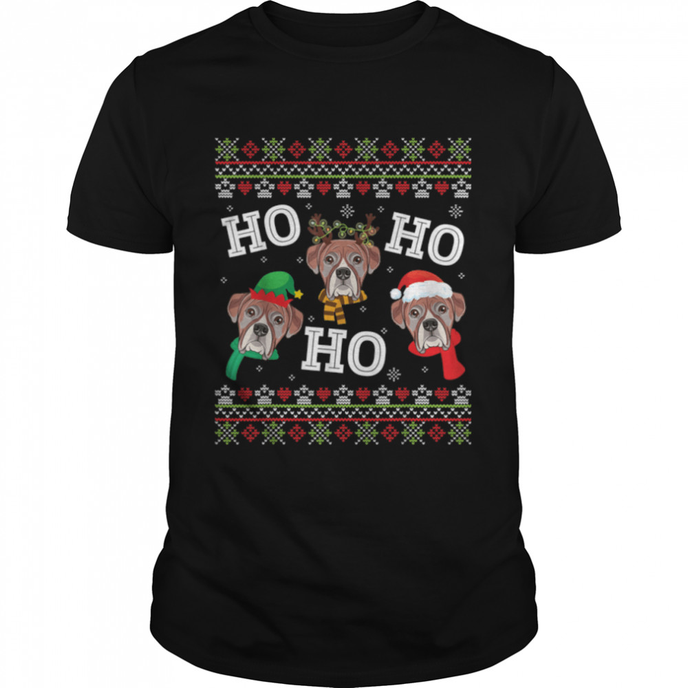 Boxer Dog HO HO HO Merry Christmas Day Dad Mom Ugly Sweater T-Shirt B0BJVB61CG