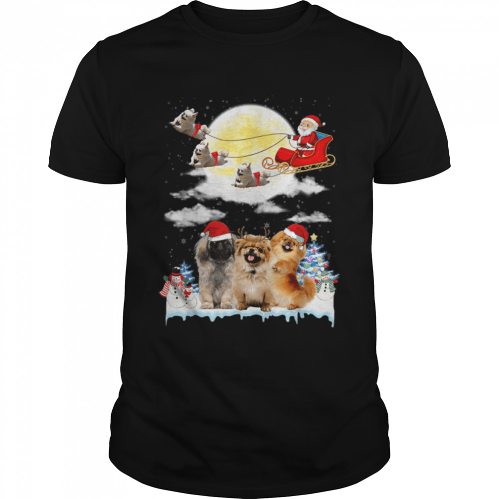 Pekingese Funny Reindeer Christmas Moon Santa Dog T-Shirt B0BJVBKWGT