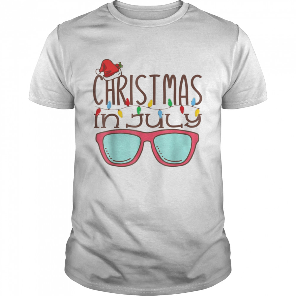 Christmas In July Santa Hat Sunglasses Summer Beach Vacation T-Shirt