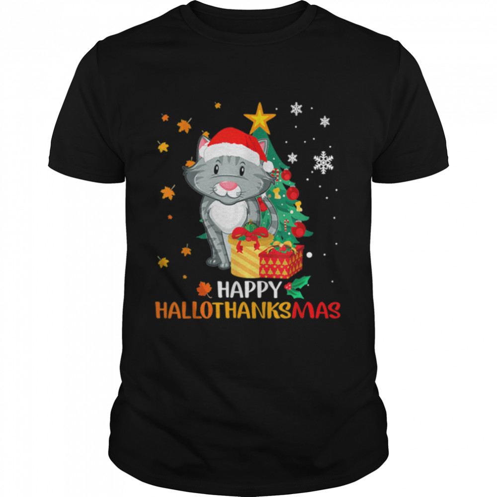 Cat Halloween Christmas Happy Hallothanksmas Thanksgiving T-Shirt B0BKL4MVKM