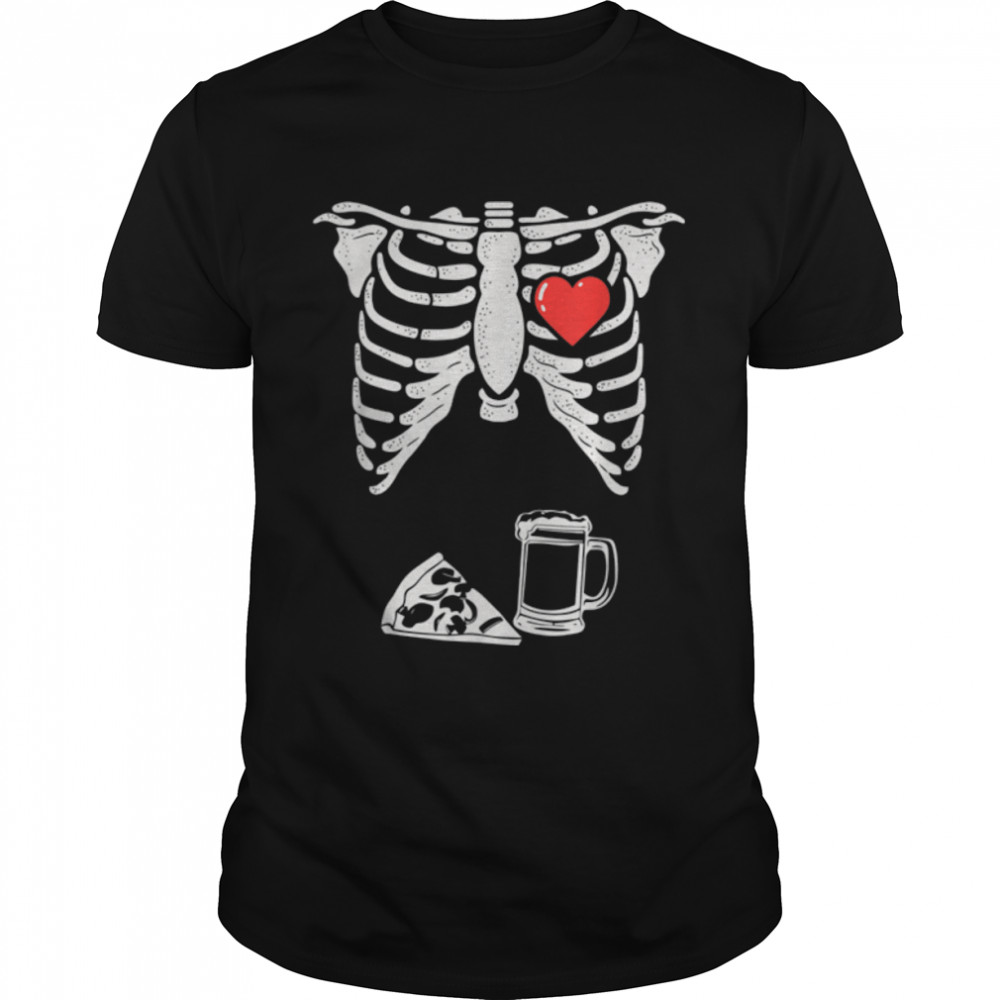 Funny Skeleton Pizza & Beer Stomach Adult Halloween Joke T-Shirt B0BKL9ZCM5