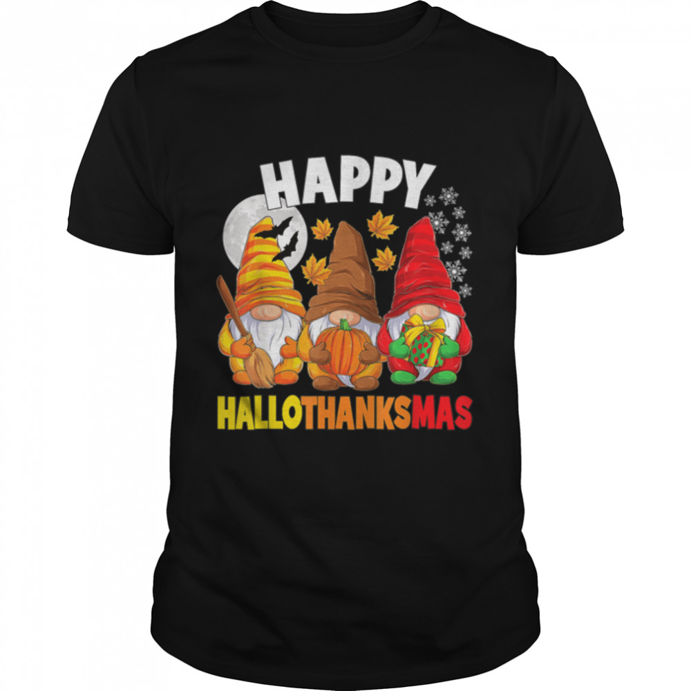 Happy HalloThanksMas Halloween Thanksgiving Christmas Gnomes T-Shirt B0BKL1GDQQ
