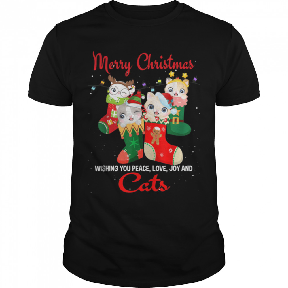 Peace Love Joy And Cats In Sock Christmas For Cat Lover T-Shirt B0BKL99VS8