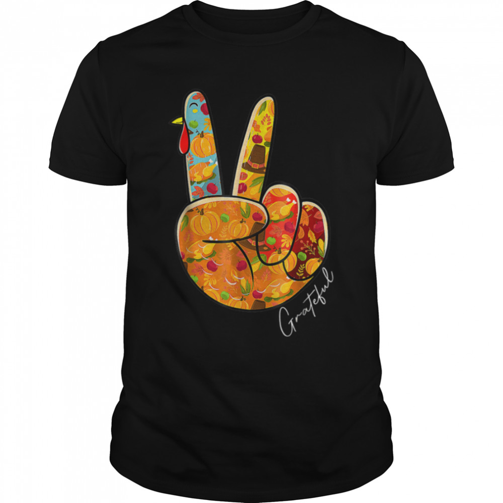 Peace Sign Grateful Turkey Hand Thanksgiving Hippie Costume T-Shirt B0BKLBNFBP