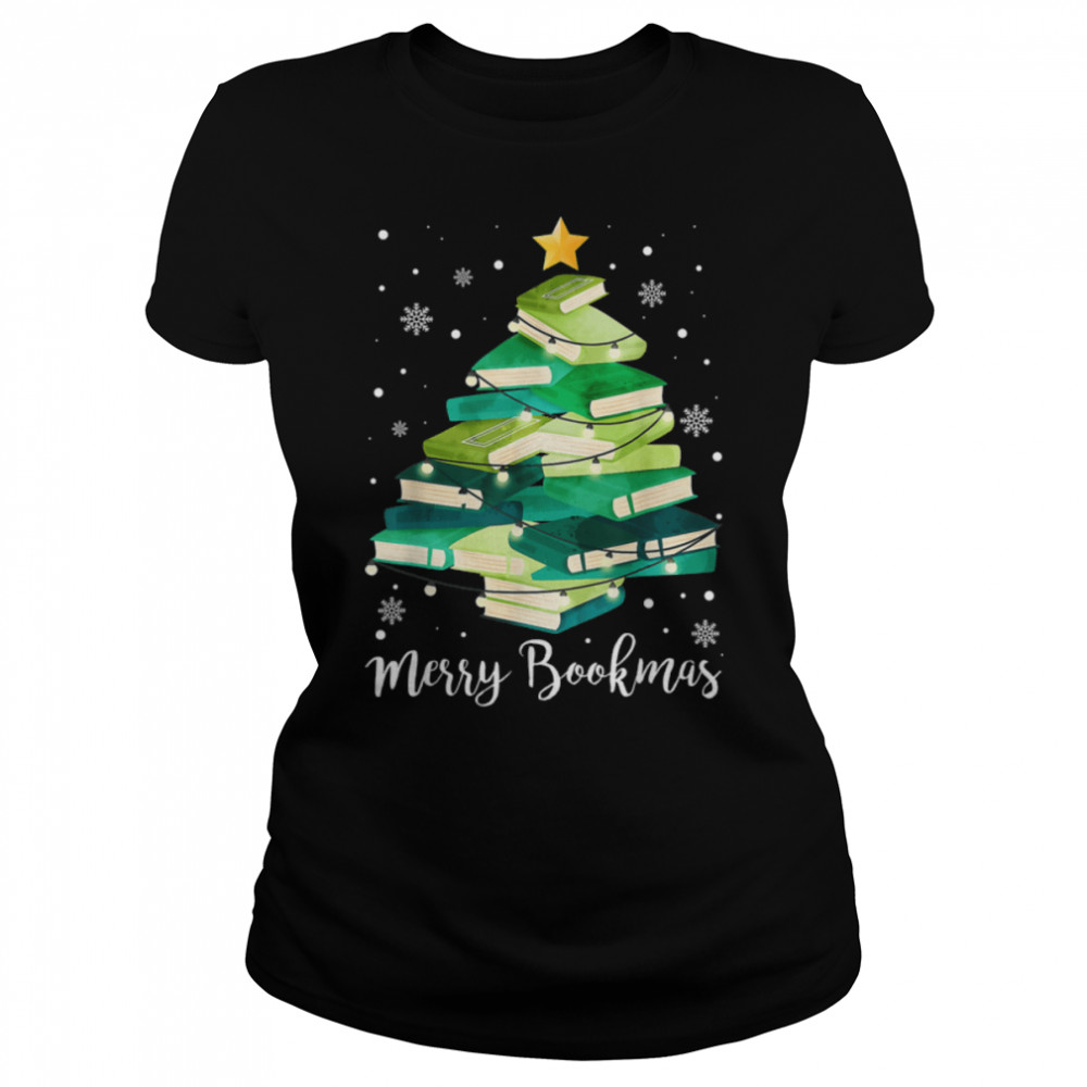 Merry Bookmas Books Pine Tree Funny Reading Lover Christmas T- B0BM9TXHLX Classic Women's T-shirt