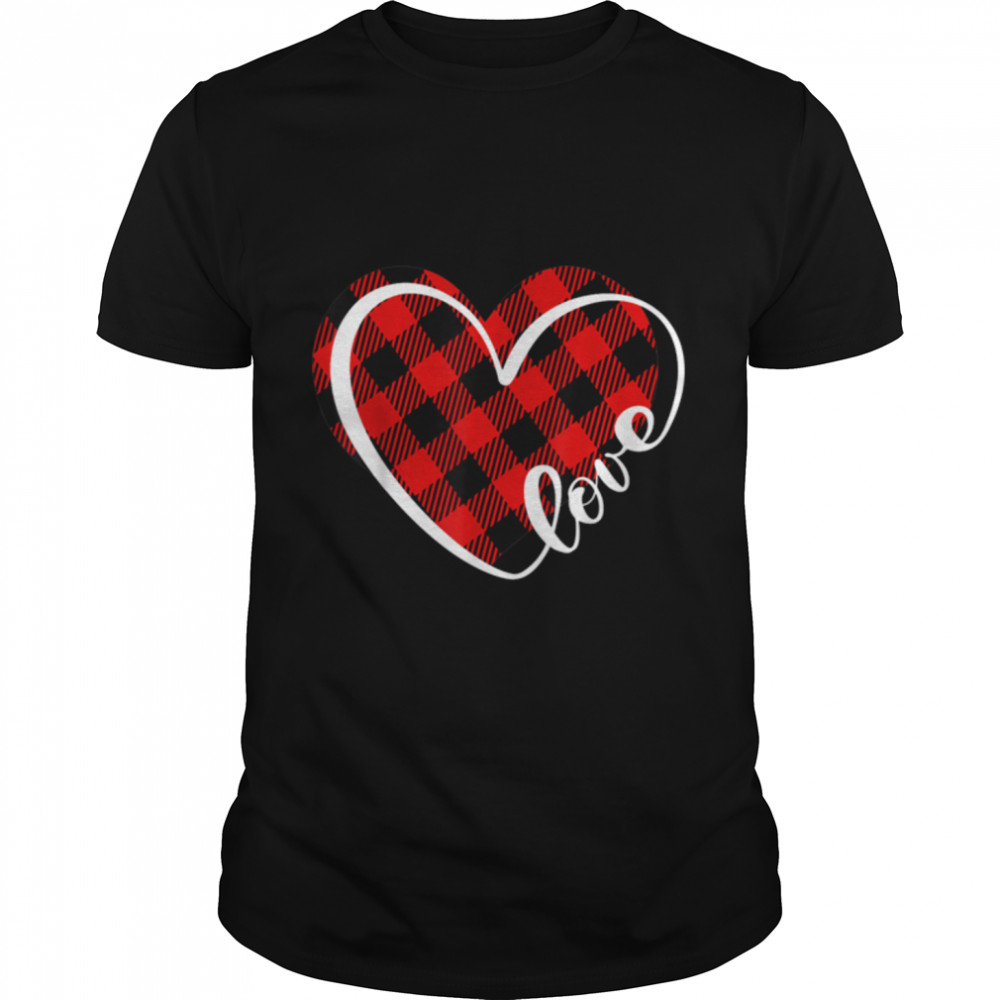 Buffalo plaid red and black Valentine heart Love women girls T-Shirt B0BMM25S1X