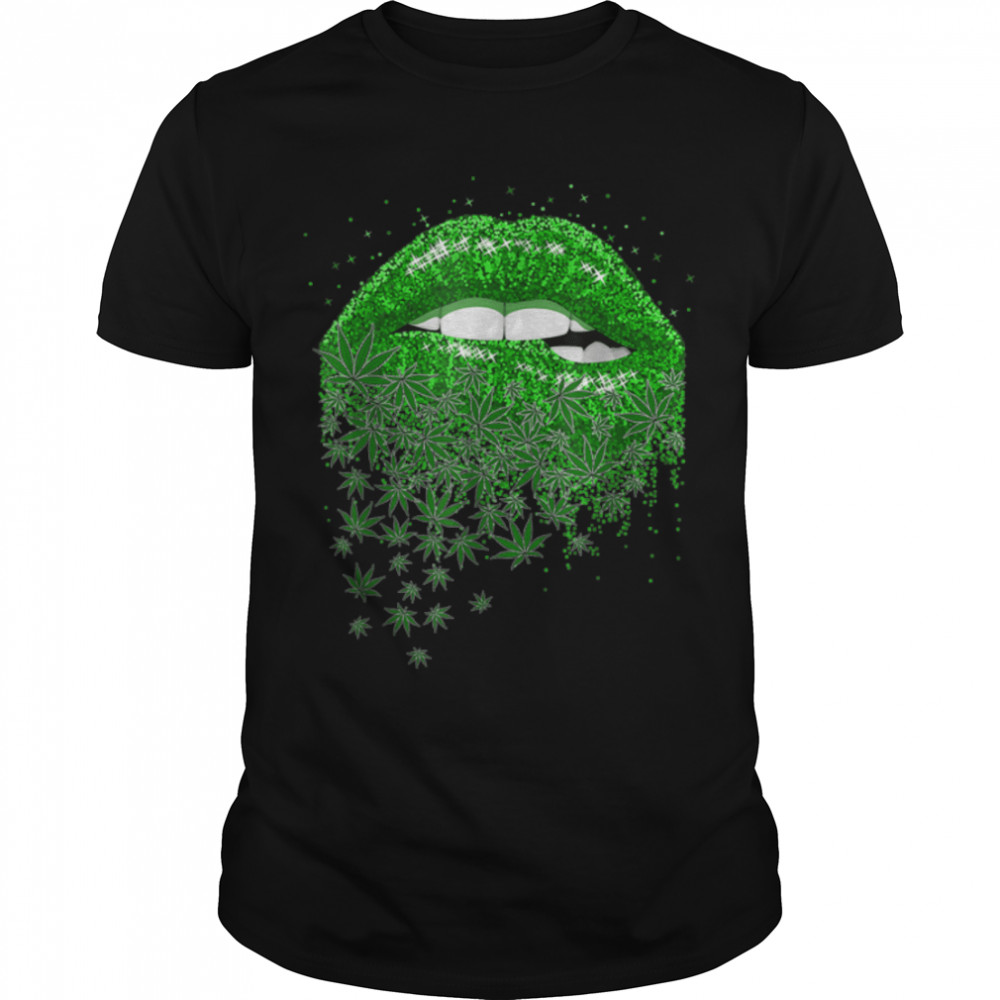Cool Green Sexy Lips Biting Cannabis Marijuana Funny Weed T- B0BLN989XP Classic Men's T-shirt