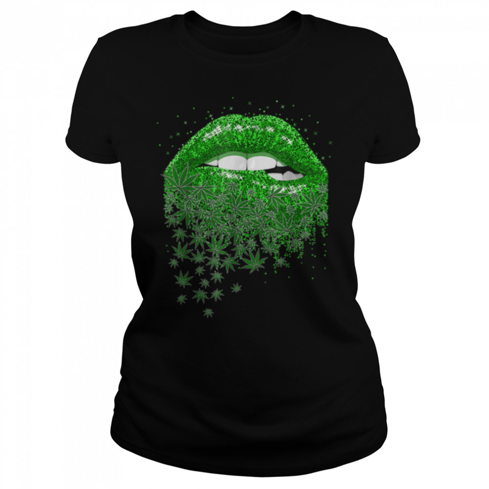 Cool Green Sexy Lips Biting Cannabis Marijuana Funny Weed T- B0BLN989XP Classic Women's T-shirt