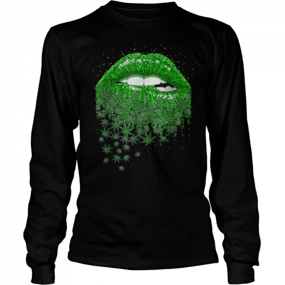 Cool Green Sexy Lips Biting Cannabis Marijuana Funny Weed T- B0BLN989XP Long Sleeved T-shirt