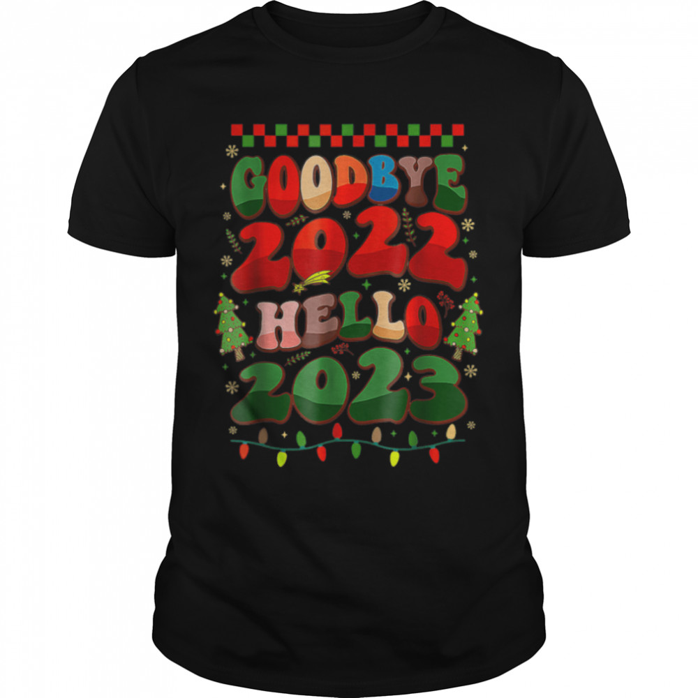 Goodbye 2022 Hello 2023 Christmas Lights Tree Funny Xmas T-Shirt B0BMLPMB43